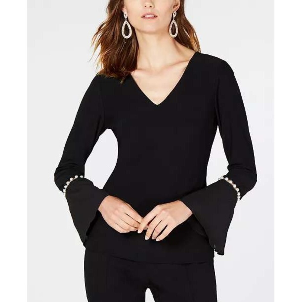 INC International Concepts Black Pearl Cuff Bell Sleeve V-Neck Top Medium